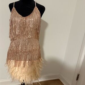 Fringe and Feather Dress in Beige